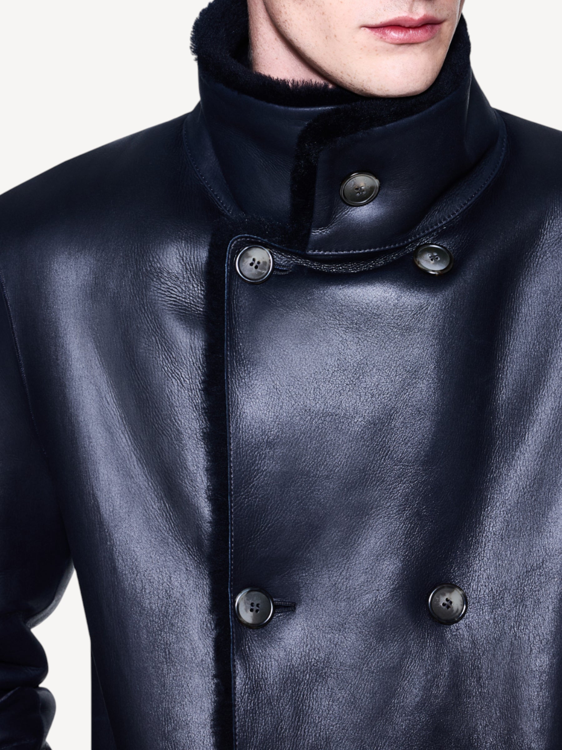 Double Breasted Sheepskin Pea-Coat - Navy