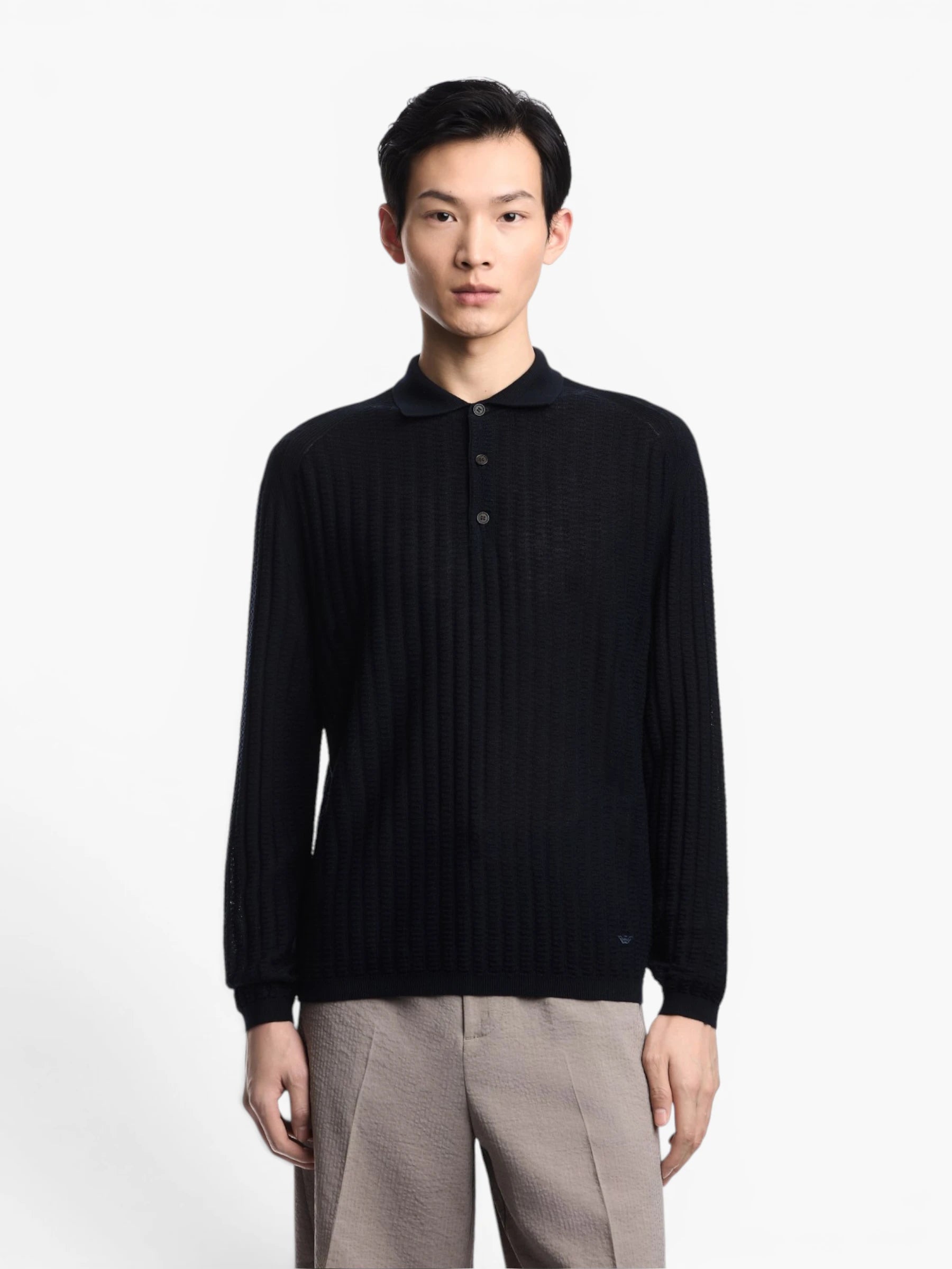 Wool and Lyocell-blend polo collar jumper - Blue Navy