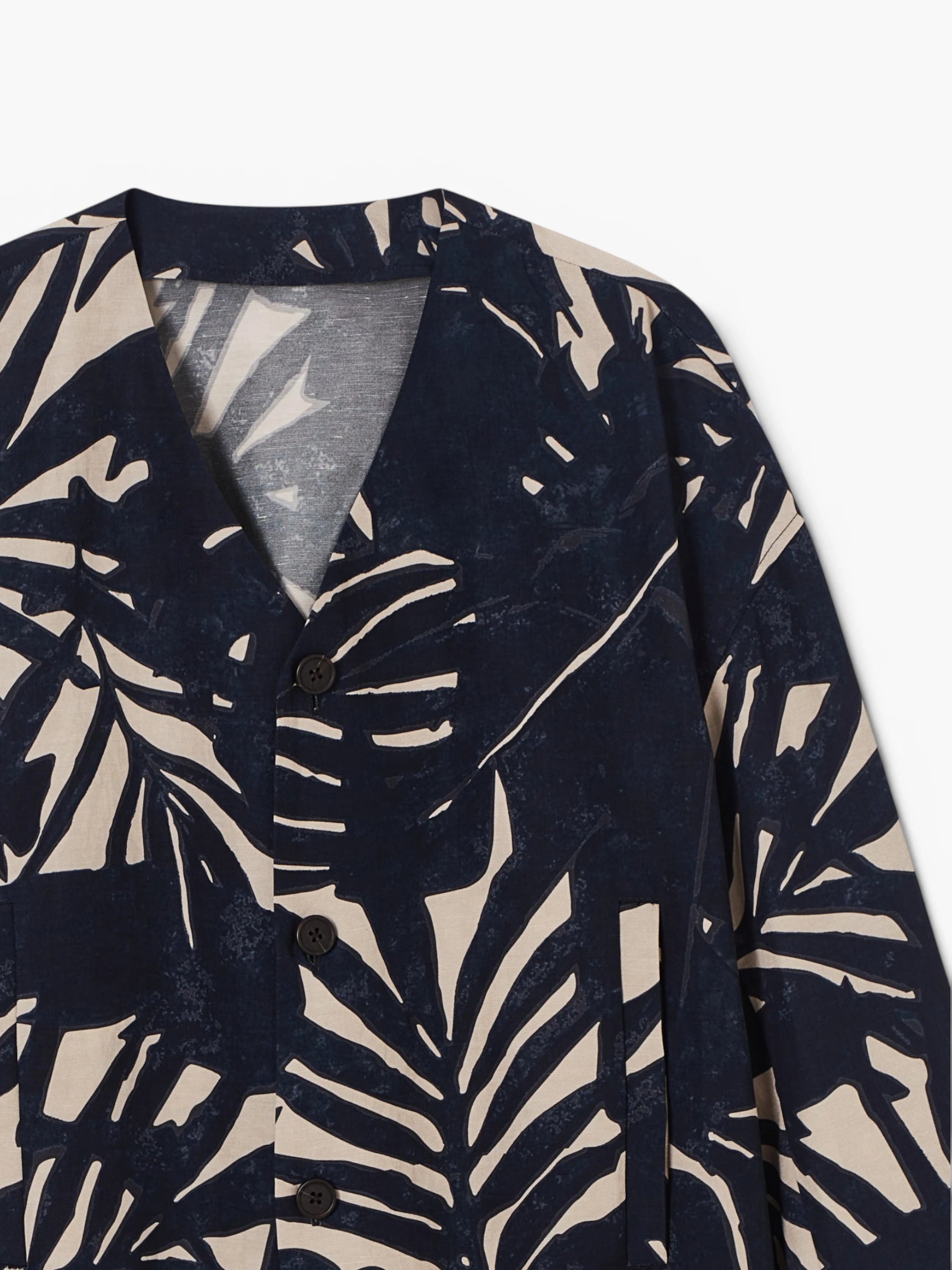Linen-blend jacket with foliage-print pattern - Blauw