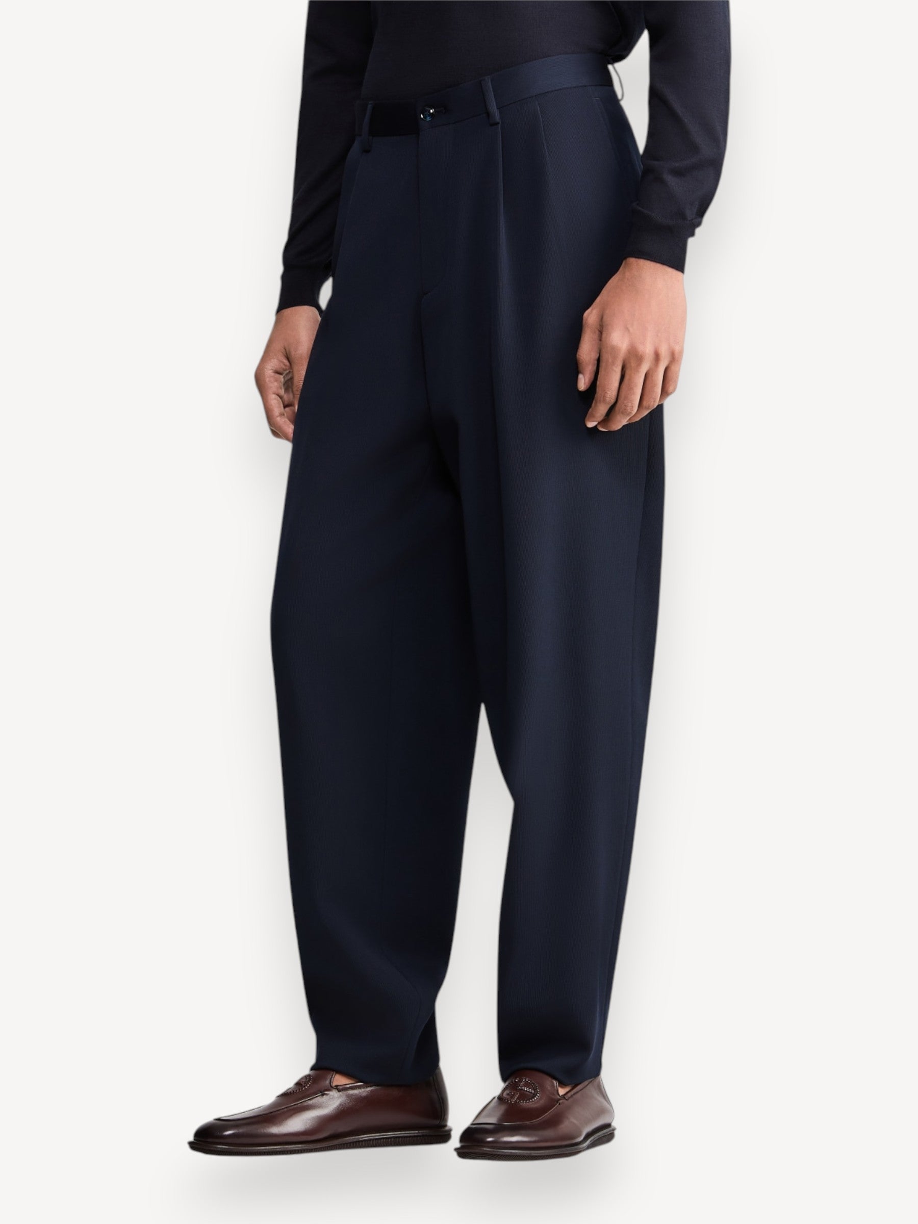 Wool Double-Pleat Trousers - Navy Blue