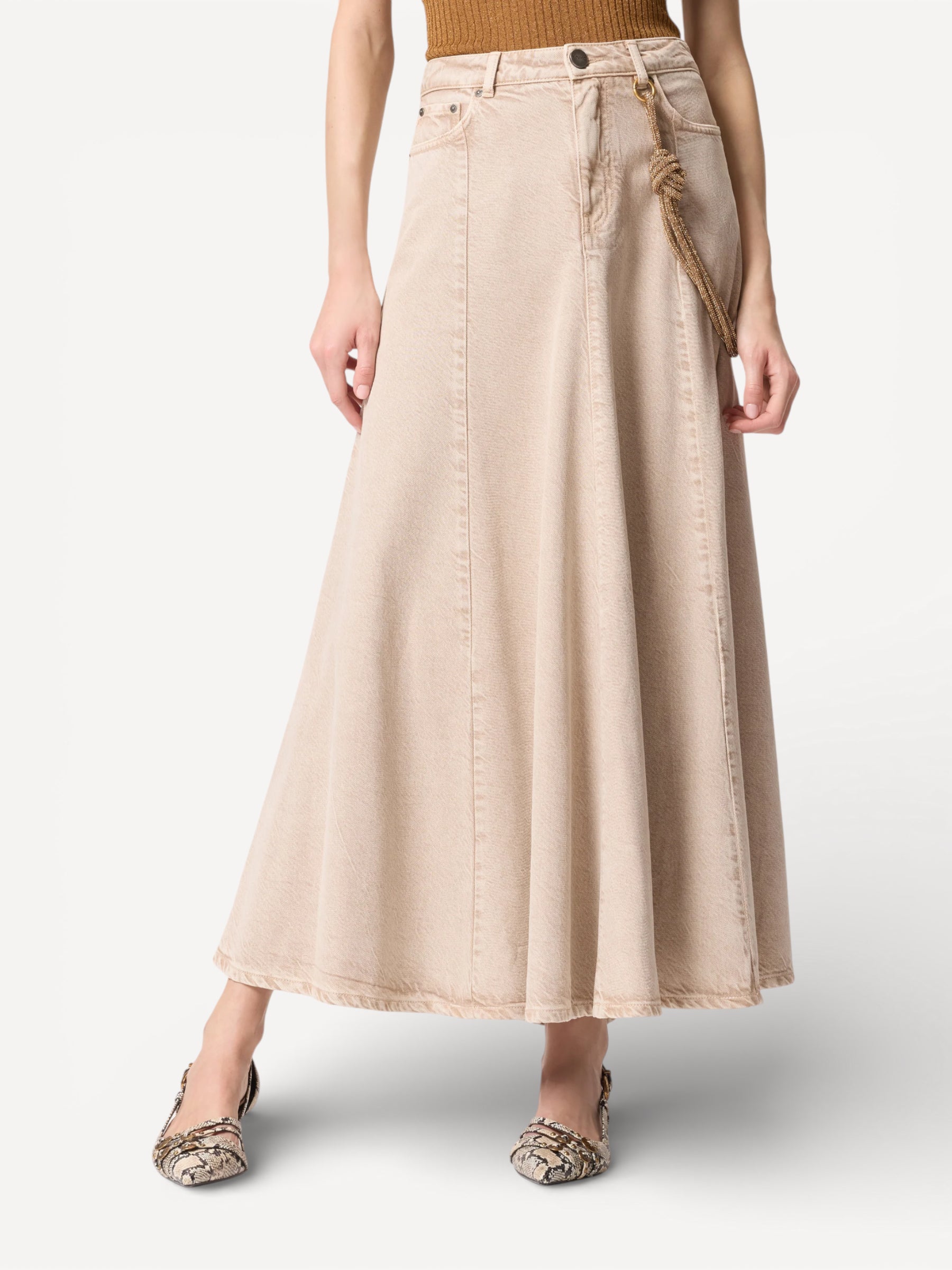 Denim Midi Skirt - Beige