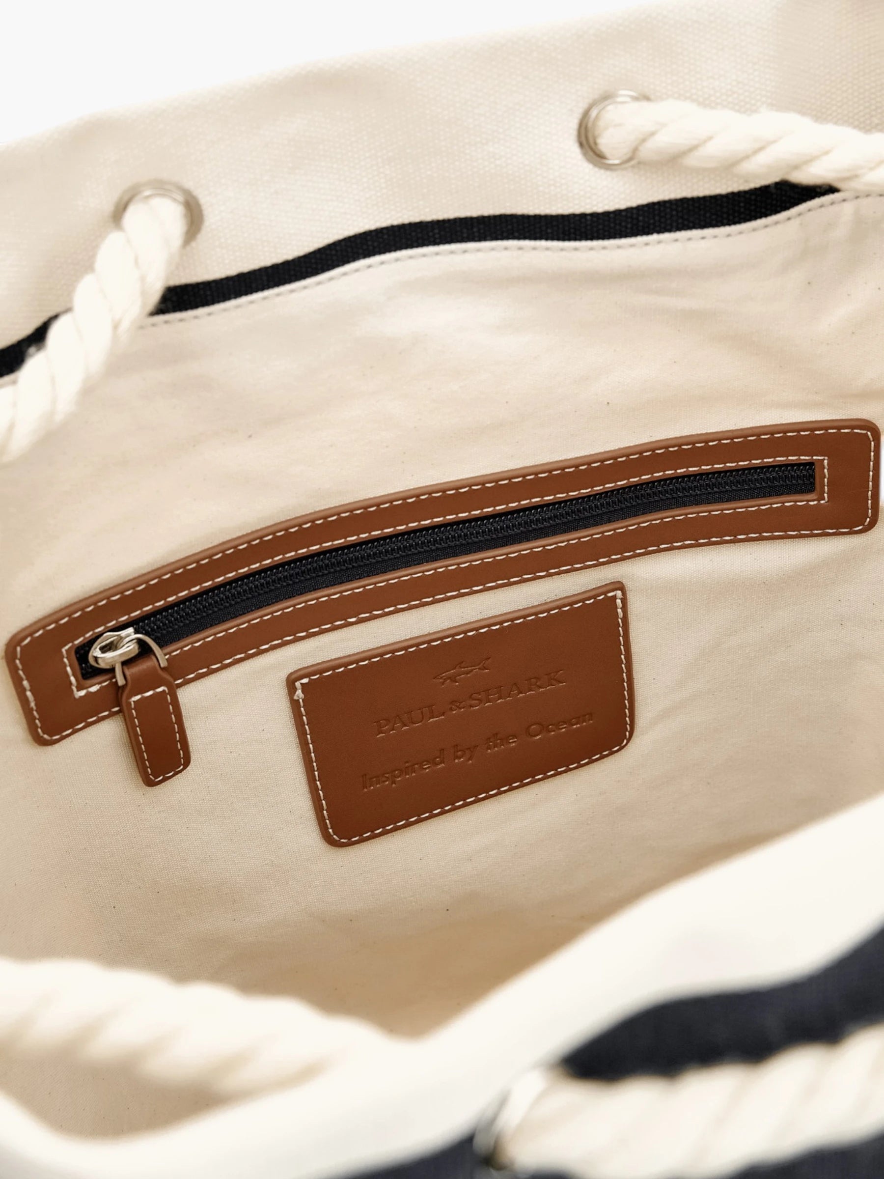 Leather Badge Canvas Striped Bag Sea - Blue Cream