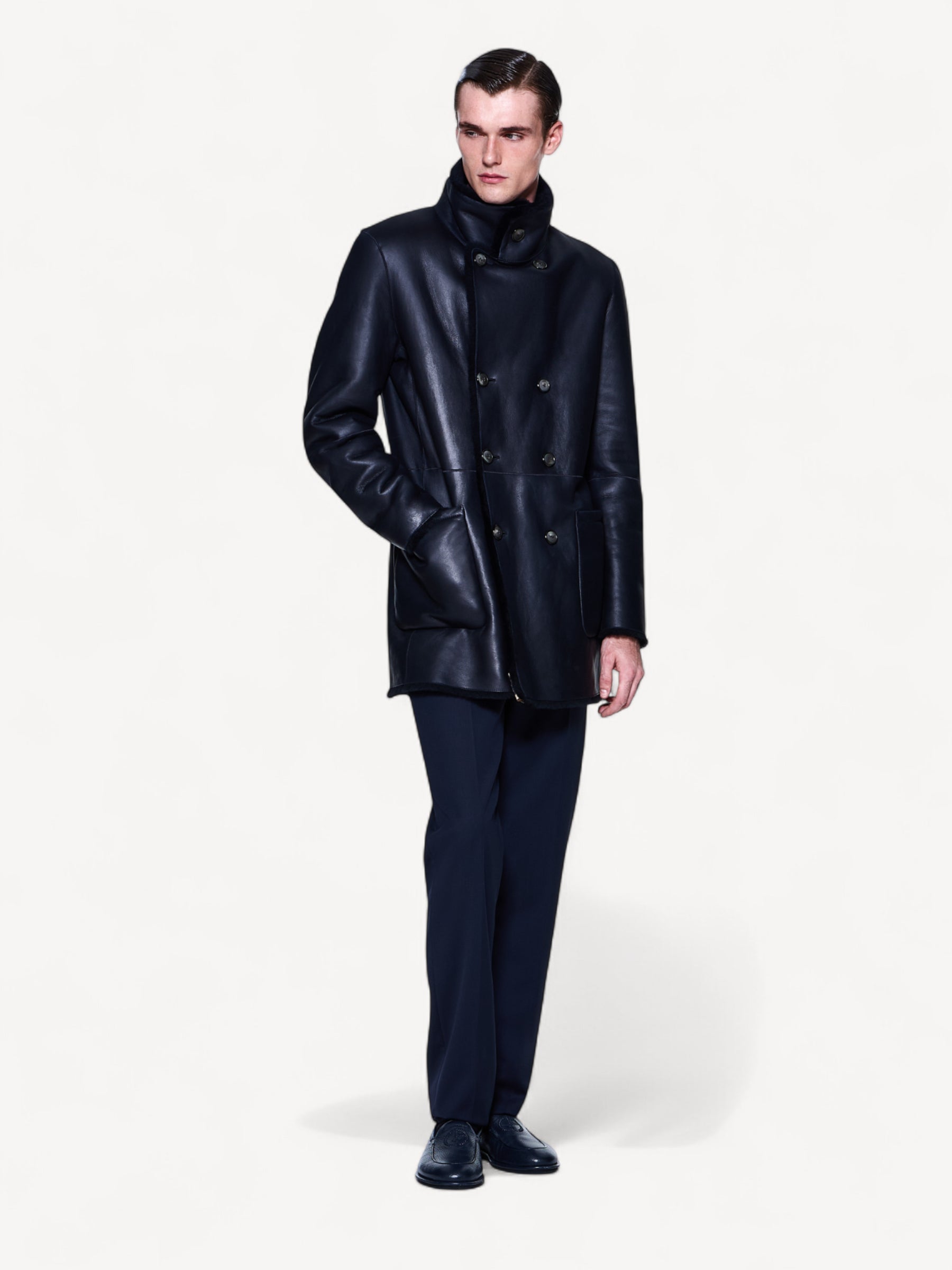 Double Breasted Sheepskin Pea-Coat - Navy
