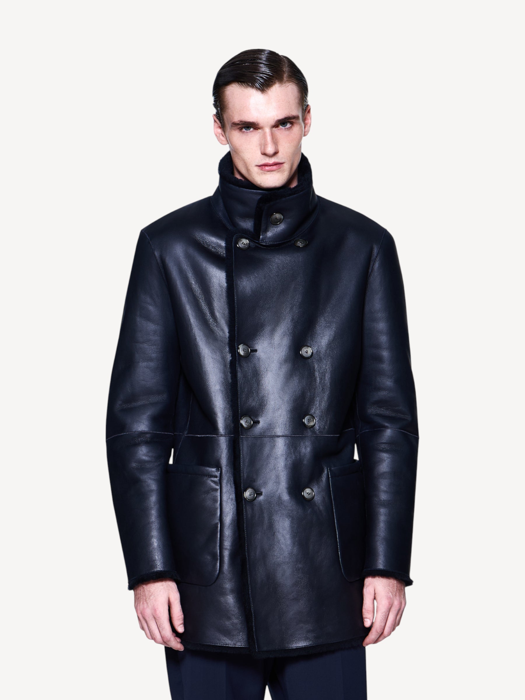 Double Breasted Sheepskin Pea-Coat - Navy