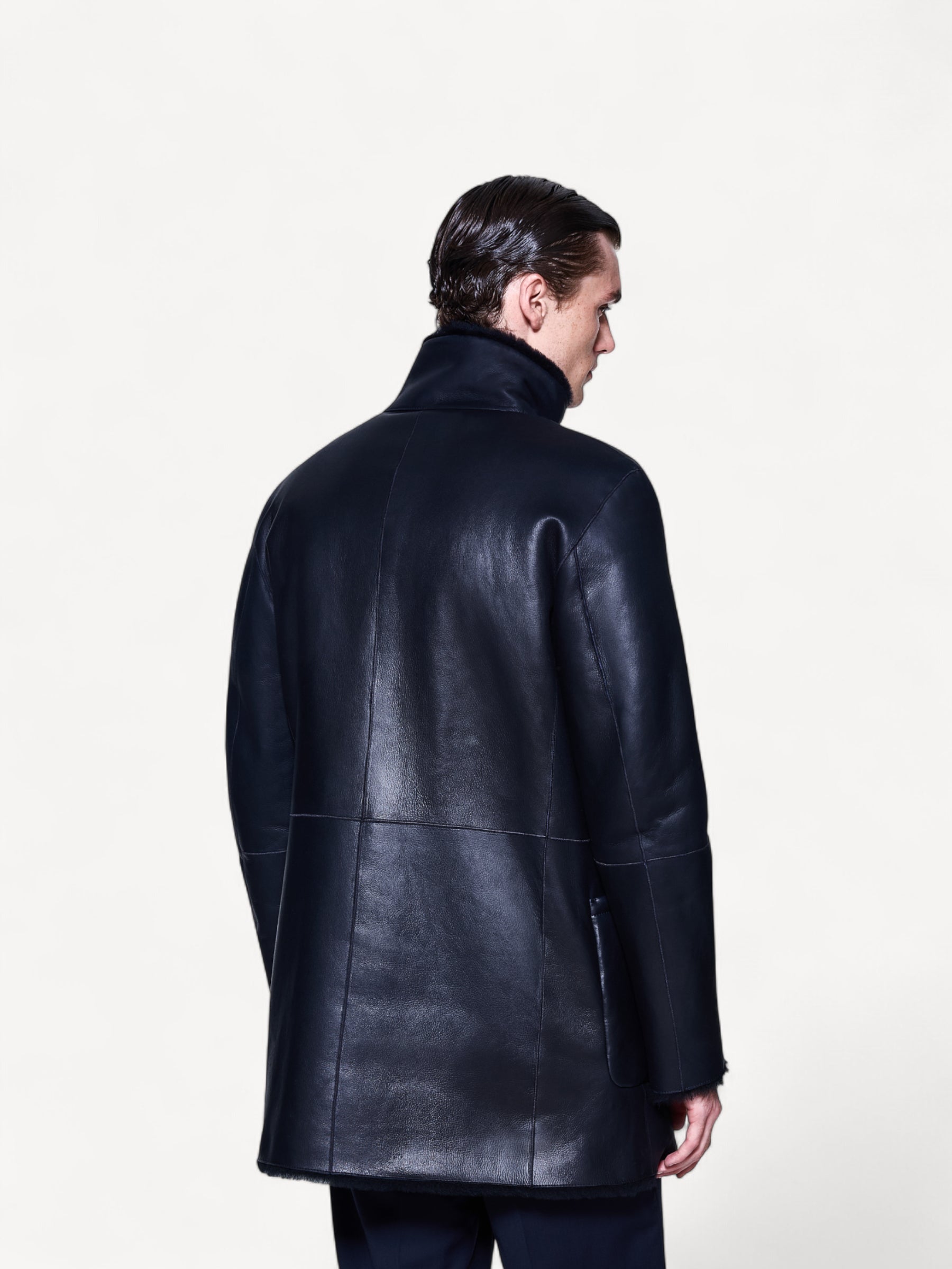 Double Breasted Sheepskin Pea-Coat - Navy