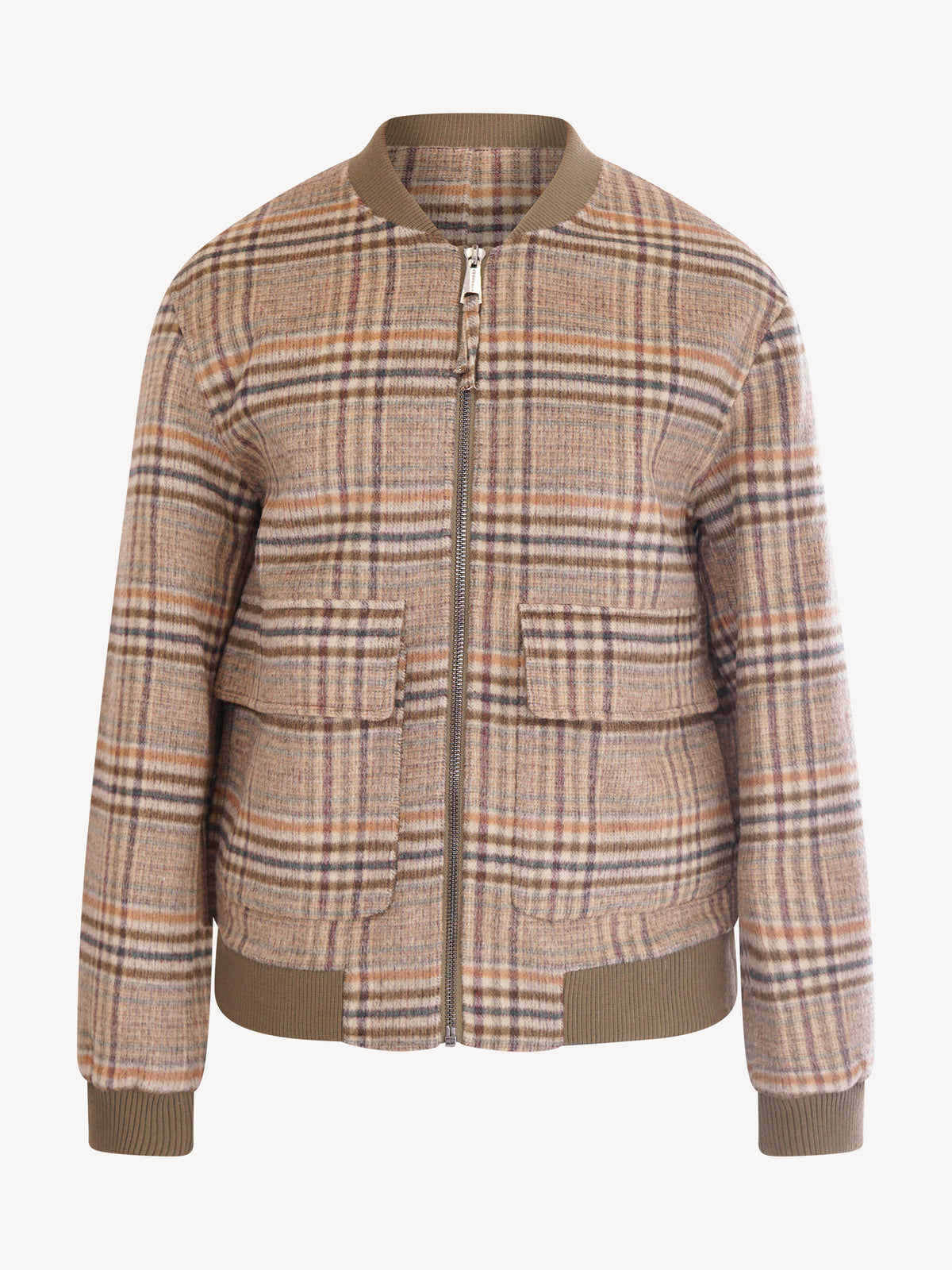Amaránto Geruit Bomber jack in Wol en Cashmere - Beige groen geruit