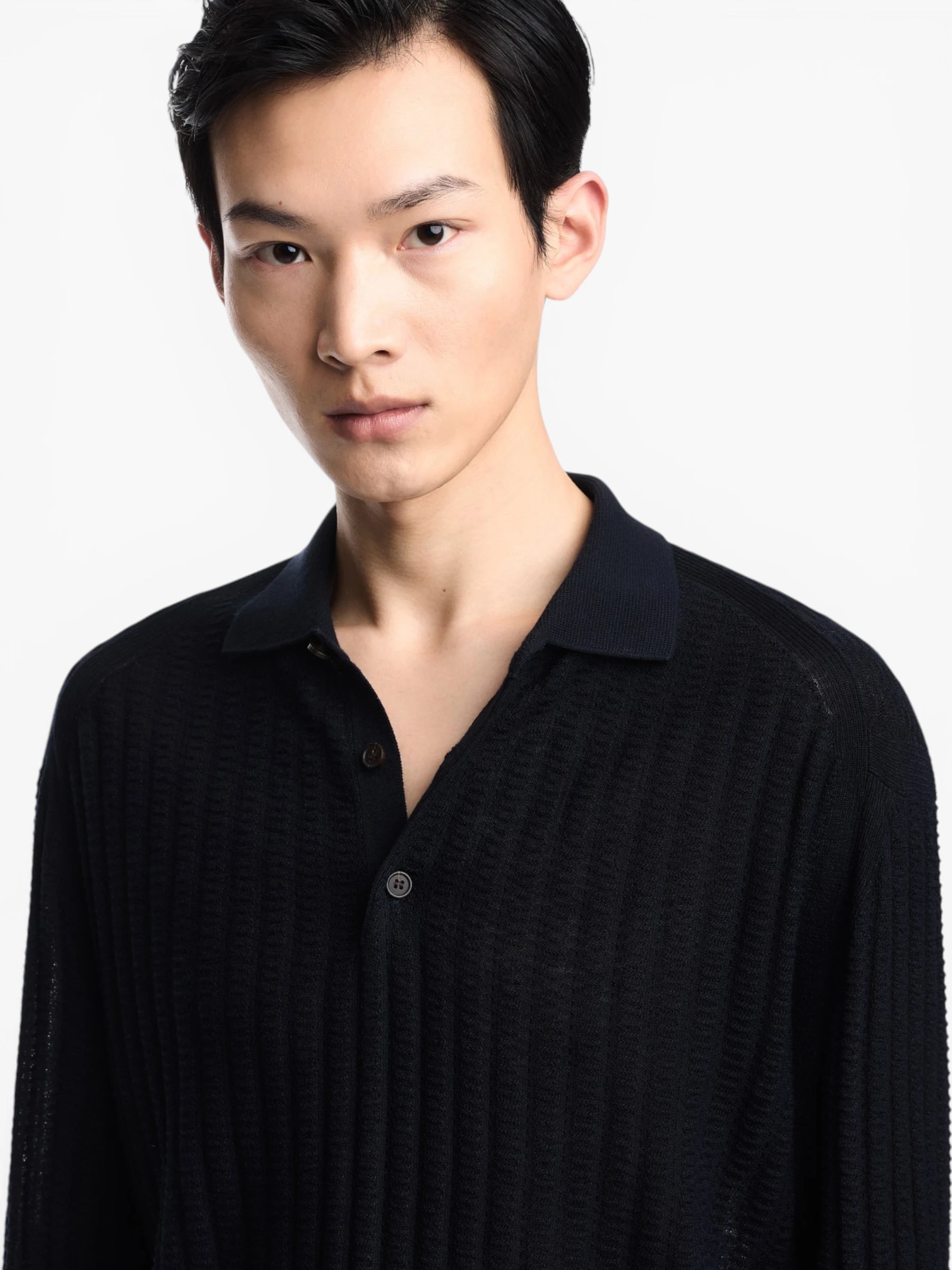 Wool and Lyocell-blend polo collar jumper - Blue Navy