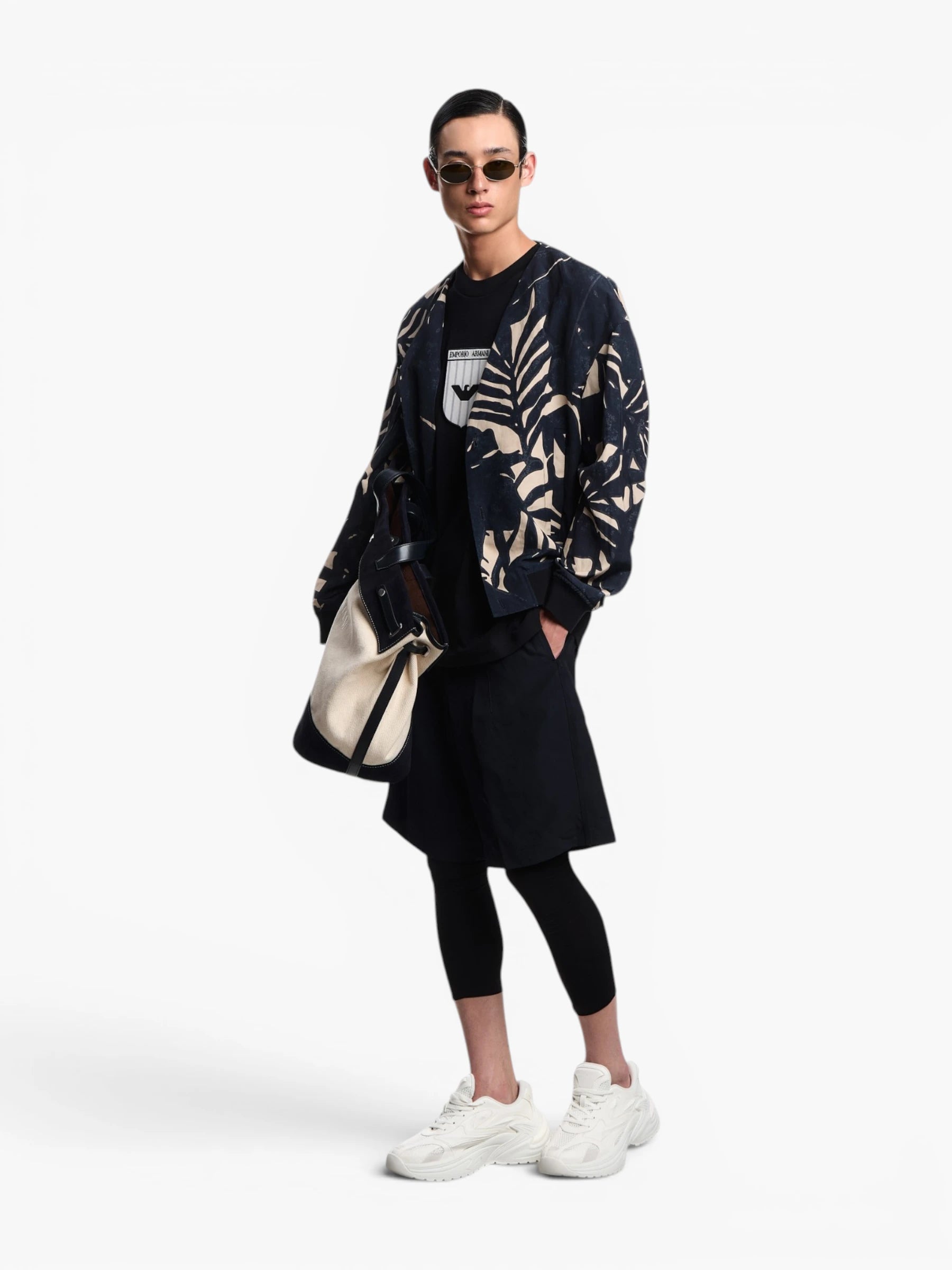 Linen-blend jacket with foliage-print pattern - Blauw