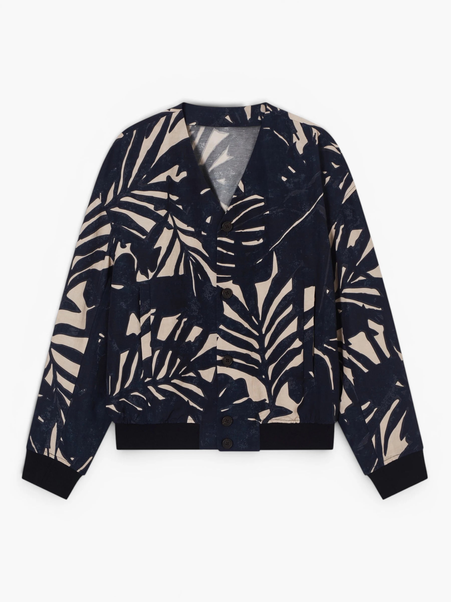 Linen-blend jacket with foliage-print pattern - Blauw
