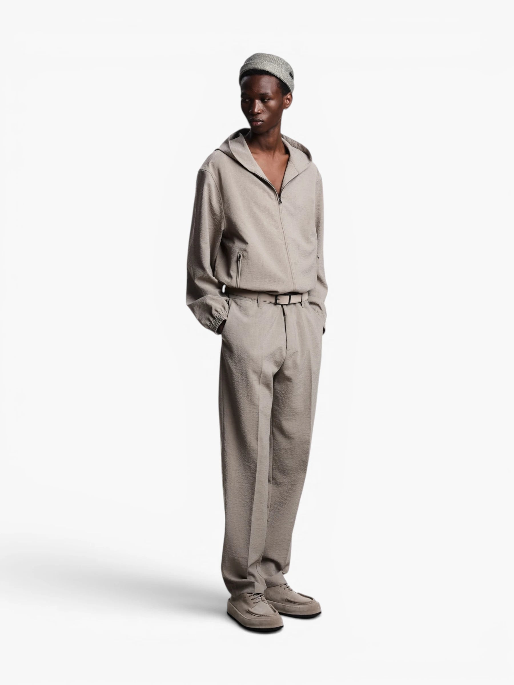Pleated technical seersucker fabric trousers - Khaki