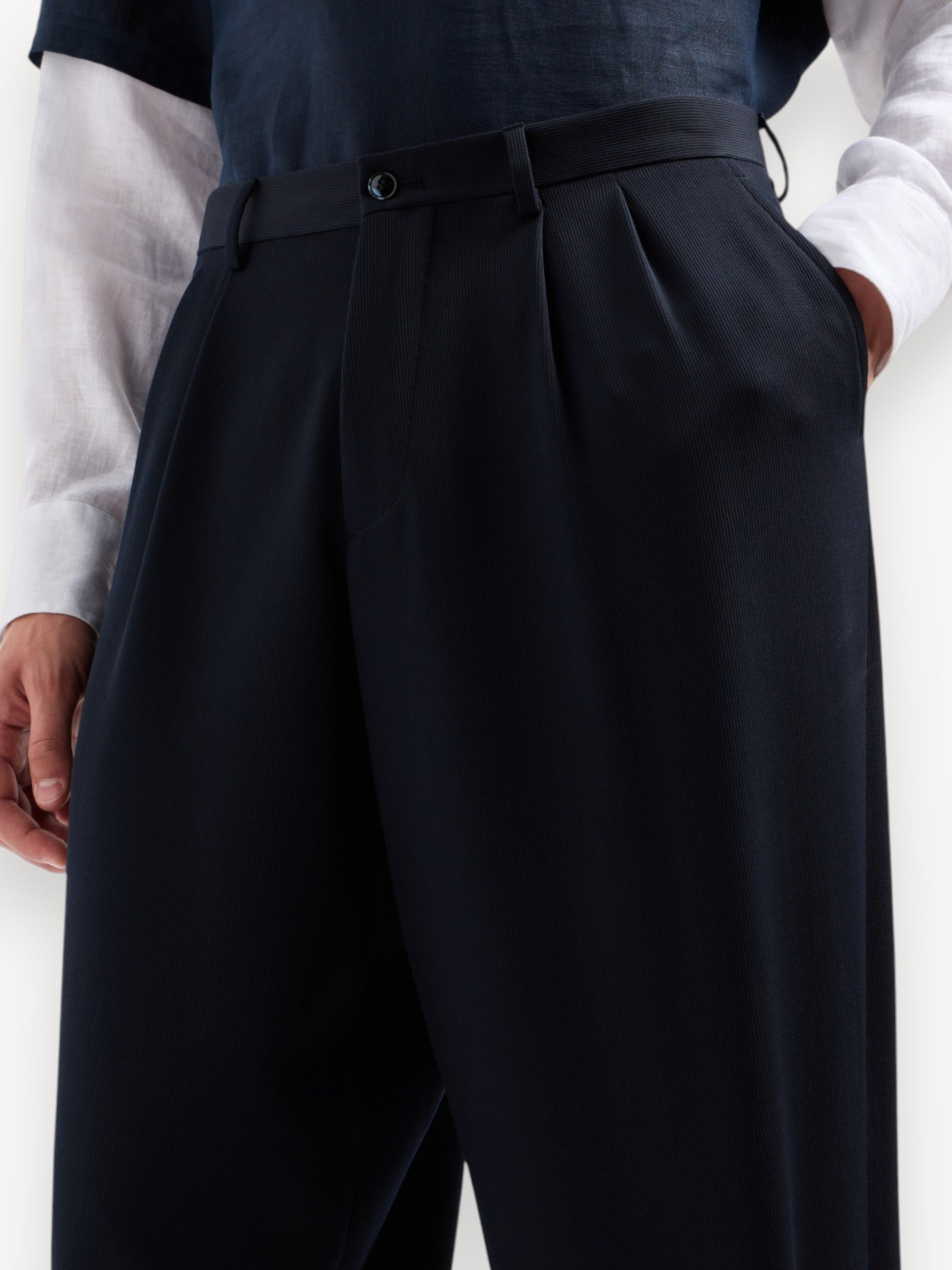 Wool Double-Pleat Trousers - Navy Blue