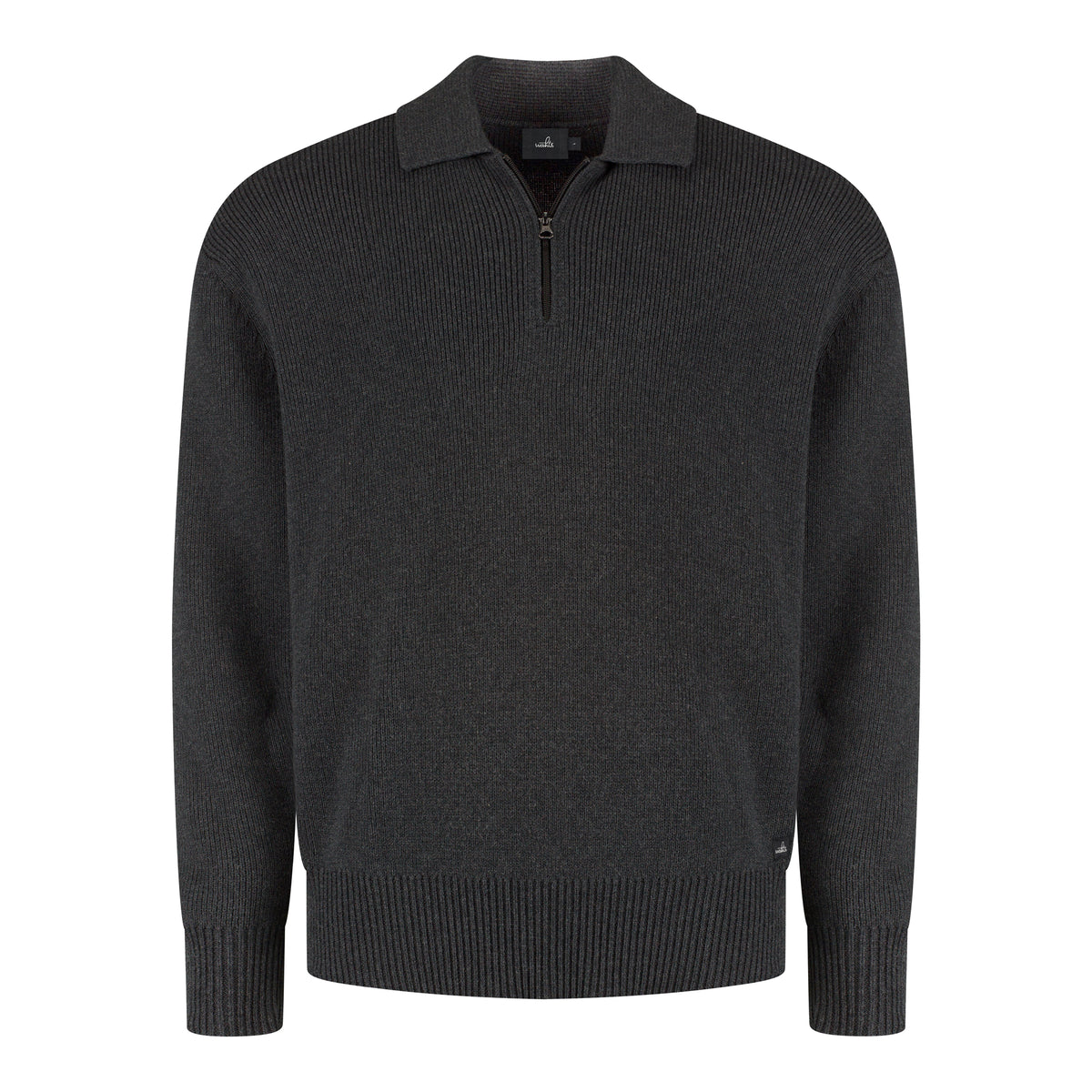 Cotton Merino Heavy Knit Half Zip Polo - Anthracite Melange