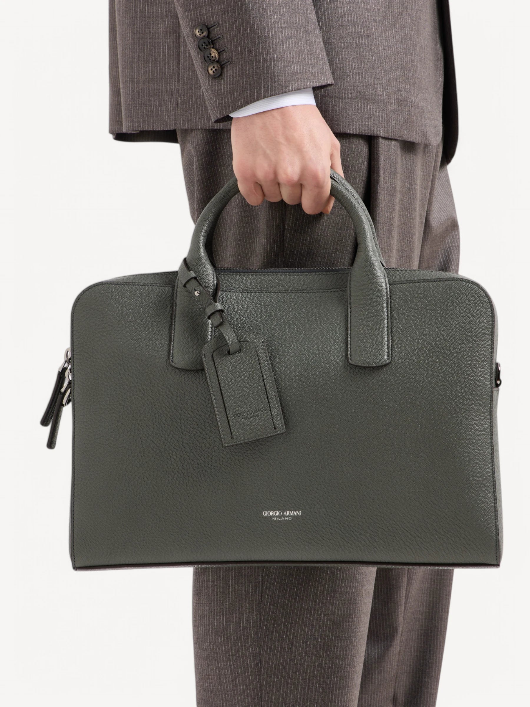 Pebbled Leather Briefcase - Grey