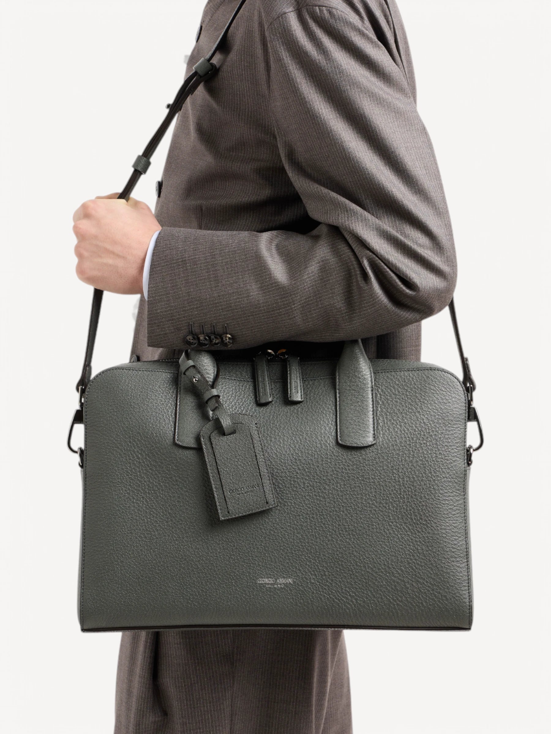 Pebbled Leather Briefcase - Grey