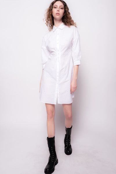 Pinko Monogram Broderie Anglaise Mini Shirt Dress in White