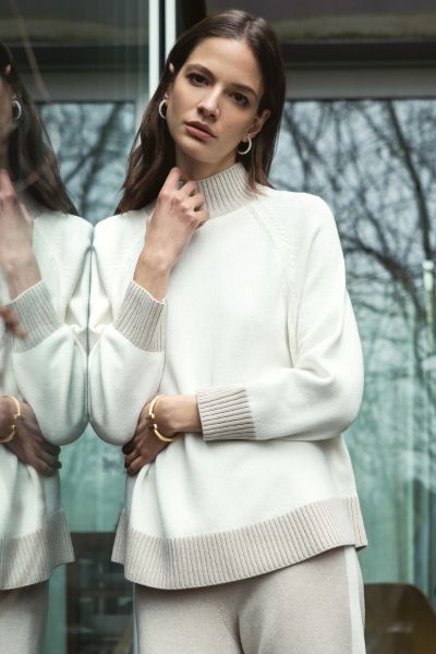 Gran Sasso Bi Color Mock Neck Sweater - Wool White / Beige