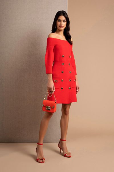 Elisabetta Franchi Off Shoulder Robe Manteau Dress - Fire Red