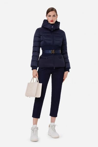Elisabetta Franchi Short Padded Quilted Coat With Belt At The Waist - Ink Blue