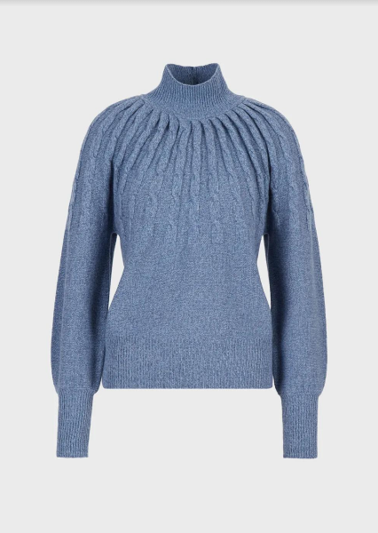 Emporio Armani Cable Knit Wool And Cashmere Mock Neck Jumper in Azure Blue