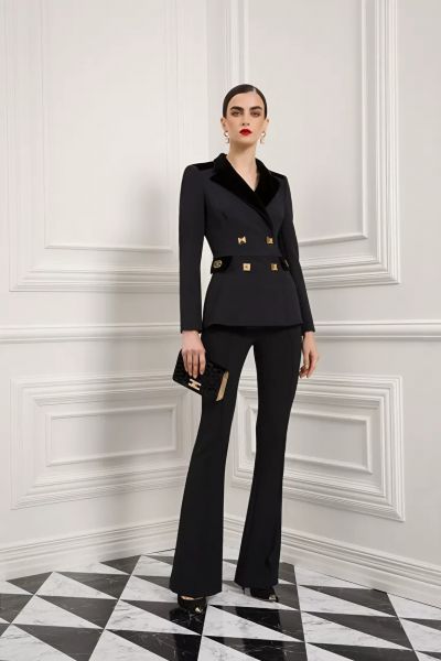 Elisabetta Franchi Double Breasted Jacket With Velvet Lapels And Maxi Studs