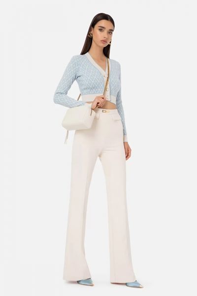 Elisabetta Franchi Palazzo Fit Trousers In Double Layer Stretch Crepe - Ivory