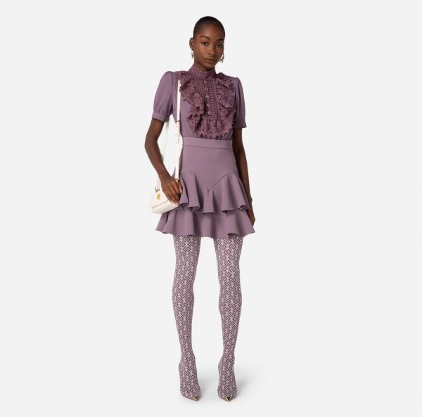 Elisabetta Franchi Mini Dress in Georgette Fabric & Crochet Face - Candy Violet