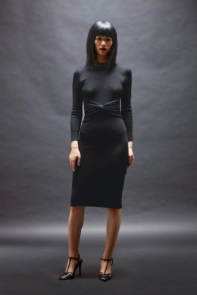 Nenette Knitted Long Sleeve Dress With Necklace Finishing - Black