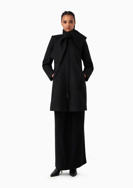 Emporio Armani Boucle Effect Zip Up Coat With Foulard Collar - Black