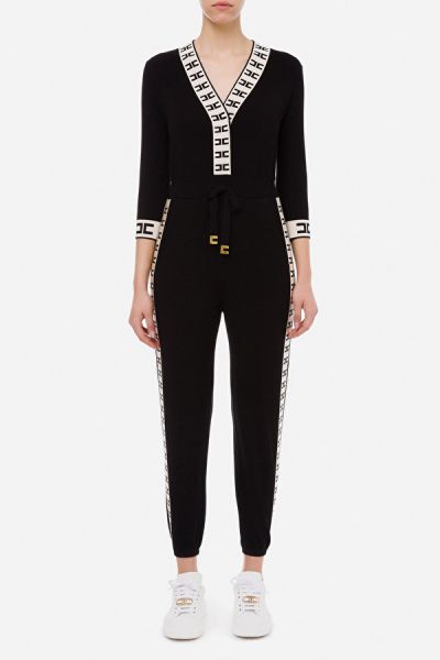 Elisabetta Franchi Jumpsuit In Knit Fabric With Logo Bands - Black Ivory