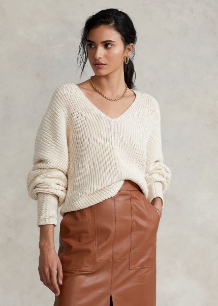 Polo Ralph Lauren Linen Mix V Neck Sweater - Creme