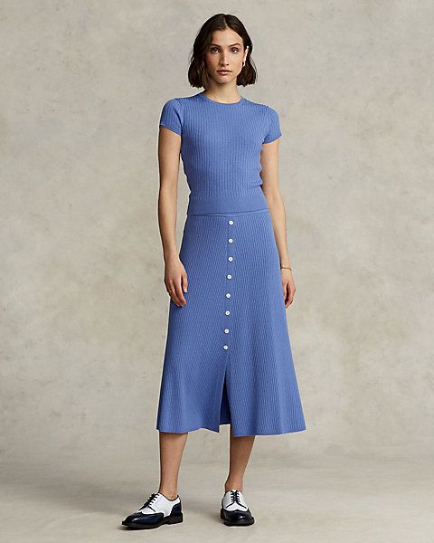 Ralph Lauren Merino Wool Skirt With Buttons - Lake Blue